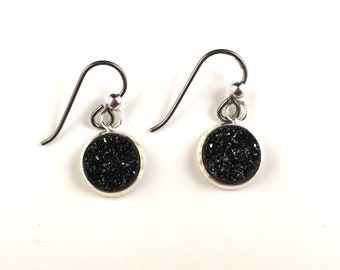 Black druzy dangly drop earrings with niobium wirefor sensitive ears