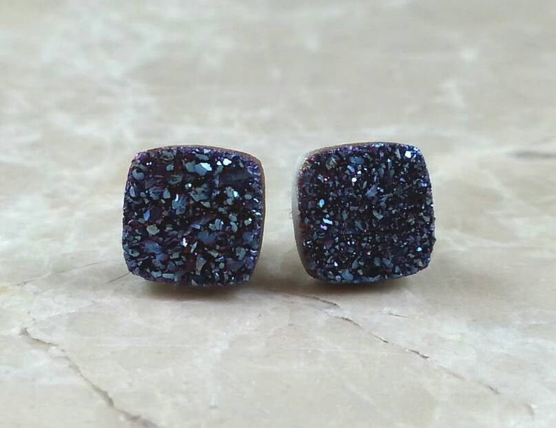 8mm 1/3 Square Blue Druzy Drusy Post Stud Earrings with Nickel Free Hypoallergenic Titanium Posts image 1