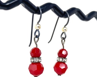 Swarovski Rhinestone Drop Dangly Earrings In Opaque Red