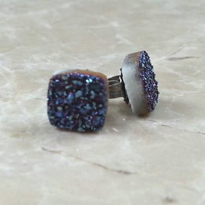 8mm 1/3 Square Blue Druzy Drusy Post Stud Earrings with Nickel Free Hypoallergenic Titanium Posts image 3