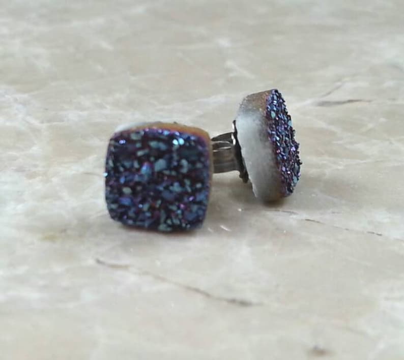 8mm 1/3 Square Blue Druzy Drusy Post Stud Earrings with Nickel Free Hypoallergenic Titanium Posts image 3