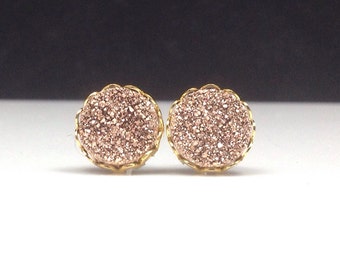 1/2" (12mm) Round Rose Gold Copper Druzy Drusy Stud Earrings in Gold Lace Setting with Hypoallergenic Nickel Free Titanium Posts