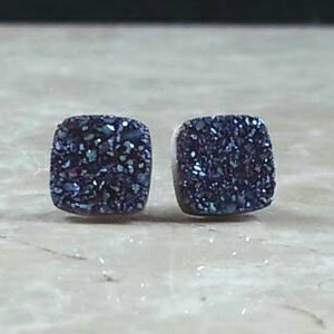 8mm 1/3 Square Blue Druzy Drusy Post Stud Earrings with Nickel Free Hypoallergenic Titanium Posts image 2