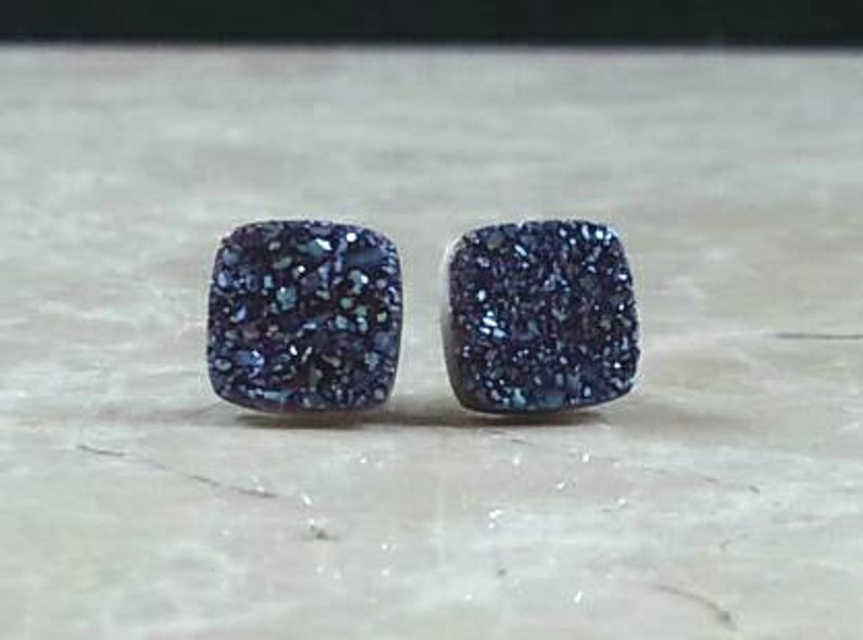 8mm 1/3 Square Blue Druzy Drusy Post Stud Earrings with Nickel Free Hypoallergenic Titanium Posts image 2