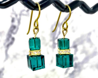 Green Square Cube Stacked Swarovski Crystal Christmas dangle dangly drop earrings with gold colored niobium wire for sensitive ears