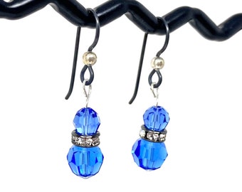 Swarovski Rhinestone Drop Dangly Earrings In Sapphire Blue