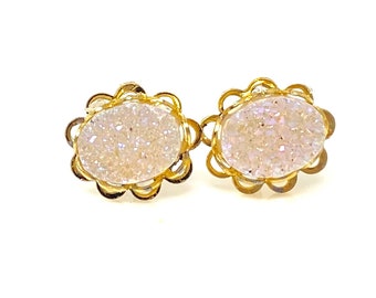 1/2 Inch 12mm Oval Round White Opal Druzy Drusy Stud Earrings in Gold Colored Double Lace Setting Wedding Bridal Bridesmaid