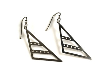 Silver triangle laser cut dangly earrings 1.5" niobium ear wires for sensitive ears