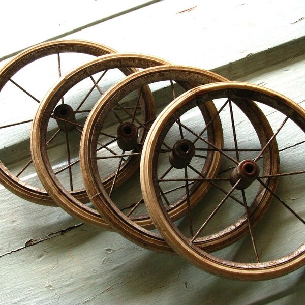 Vintage Doll Carriage Wheels | Salvaged Baby Buggy Wheels | Metal Spokes | Rubber Tread |  Industrial Wall Decor | Restoration | Repurpose