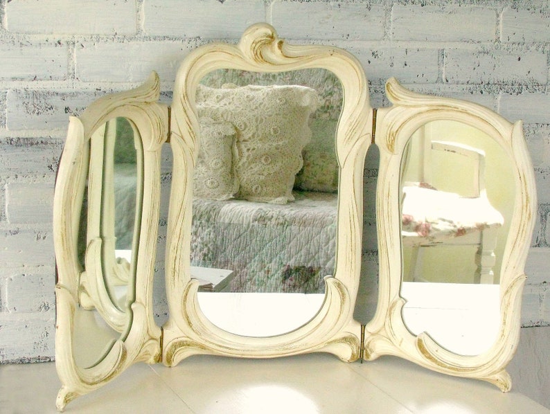 Vintage Tri Fold Vanity Mirror Syroco Wood 3 Folding Art Nouveau Shabby French Chic Mid Century Makeup Made Usa