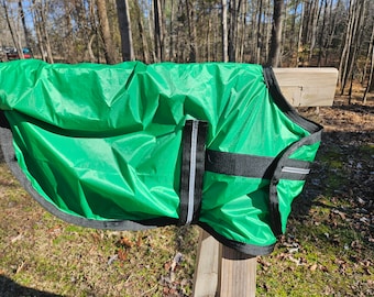 Bright Green Nylon and Fleece Foal or Mini Horse Water & Wind Proof Stable Blanket.   Velcro Closures, D-rings and leg straps. Custom avail.