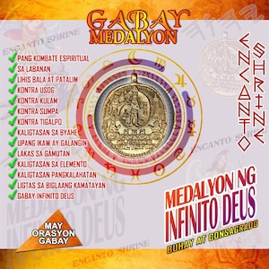 Könnte beinhalten: Ein goldfarbenes Medaillon mit dem Text "GABAY MEDALYON" oben. Das Medaillon zeigt ein Bild von Figuren und Text. Der Hintergrund ist ein Farbverlauf aus Gelb und Lila mit zusätzlichem Text und Symbolen.
