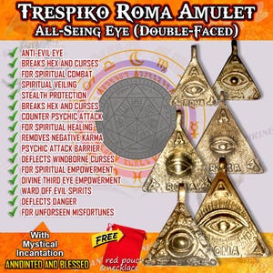 Pode incluir: Uma coleção de amuletos triangulares de metal em tom de bronze com um olho que tudo vê em relevo e o texto ROMA. A imagem inclui texto listando benefícios espirituais, o título TRESPIKO ROMA AMULET e uma pequena bolsa de tecido vermelho.