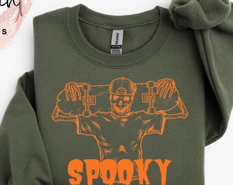 Spooky Skateboard Skeleton Halloween Sweatshirt, Skater Graphic, Fall Outfit and Skateboarding Lover Gift