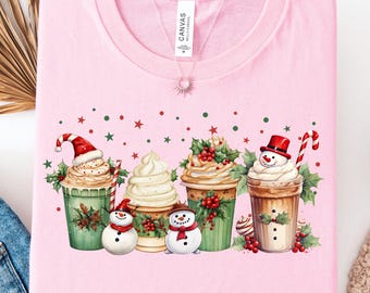 Snowman Coffee Cups Christmas Tee Shirt, Trendy Christmas Coffee Cups Shirt, Winter Snowman Coffee Latte Tee Shirt, Snowman Christmas Gift