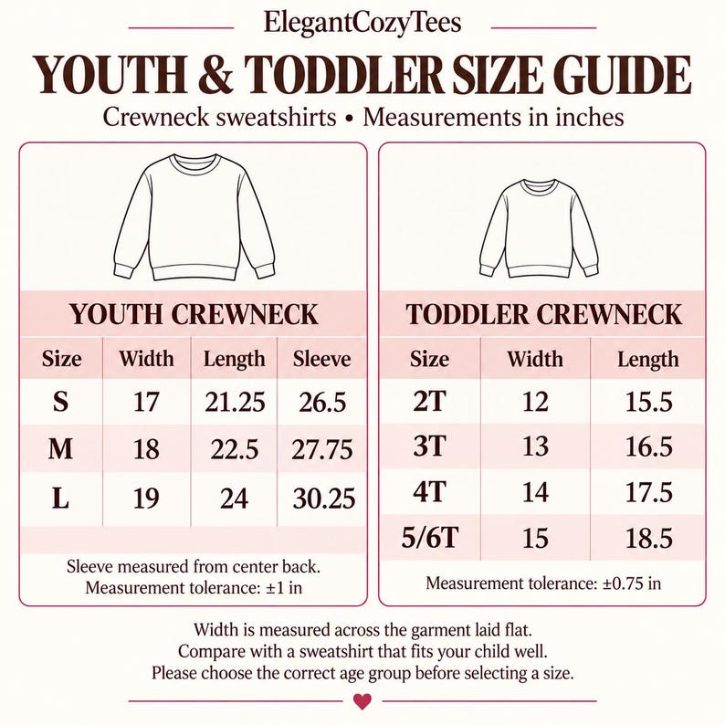 May include: A size guide chart for youth and toddler crewneck sweatshirts by ElegantCozyTees. The chart displays measurements in inches for youth sizes S, M, L and toddler sizes 2T, 3T, 4T, 5/6T, including width, length, and sleeve length specifications.