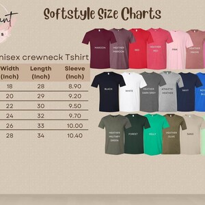 Gildan Softstyle size chart for adult unisex crewneck t-shirts with measurements.