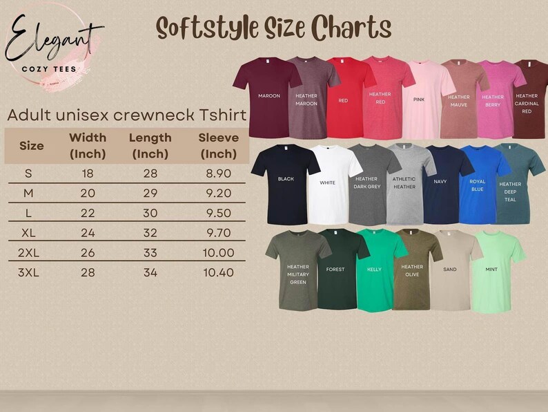 Gildan Softstyle size chart for adult unisex crewneck t-shirts with measurements.