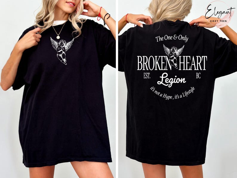 Black t-shirt with "The One & Only BROKEN HEART Legion" graphic on back.