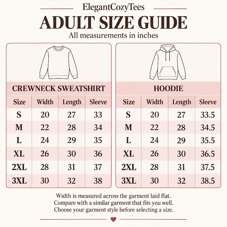 May include: An adult size guide chart by ElegantCozyTees featuring two tables for crewneck sweatshirts and hoodies. The chart lists sizes S through 3XL with corresponding width, length, and sleeve measurements in inches for each garment style.