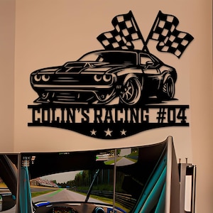 Custom Checkered Flag Racing Car Metal Sign: Personalized Garage Decor