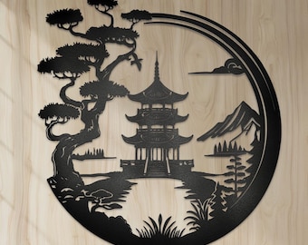 Enso Circle Torii Gate Metallwandkunst: Japanisches Bonsai-Dekor