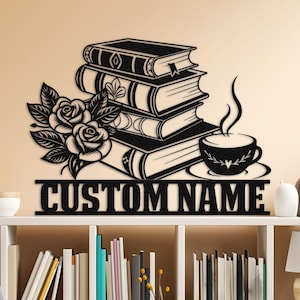 Coffee Floral Book Reading Line Art Metal | Wall Art LED Light Book Lover Sign | Room Decor | Read More Books Nerd Decoration | Gifts