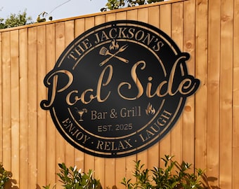 Letrero personalizado para bar de piscina, letrero metálico para bar y parrilla familiar junto a la piscina, letreros de piscina personalizados para exteriores, oasis de piscina, decoración junto a la piscina, regalo.