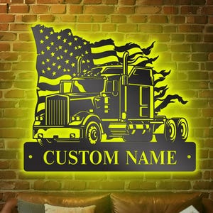 Custom US Semi Truck Driver Metal Wall Art LED Light Personalized Trucker Name Sign, Sign Gift for Trucker, Outdoor Decor, Fathers Day Gifts