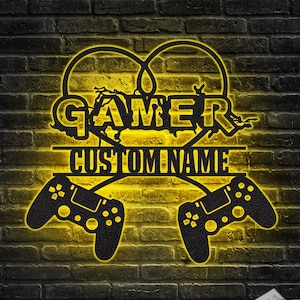 Custom Gamer Name Metal Sign with Light - Personalized Video Game Controller Wall Art
