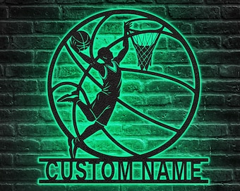 Personalized Basketball Metal Wall Art LED Light: Custom Name Sign