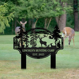 Letrero metálico personalizado de ciervo y pavo para exteriores, decoración de bosque de ciervos, letreros metálicos personalizados con nombre, letrero metálico para acampar, arte al aire libre, letrero para campamento de caza, regalos