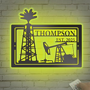 Custom Oil Field Hanger Metal Wall Art LED Light Personalized Oil Rig Derrickhand Name Sign Home Decor Derrickman Decoration Fathers day