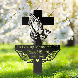 Personalized Memorial Cross with Praying Hands - Sympathy Grave Marker