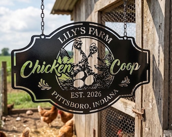 Letrero metálico personalizado para gallinero, decoración personalizada para granja de gallinas y huevos, decoración exterior para gallinero, arte mural de granja avícola, letrero colgante de granja
