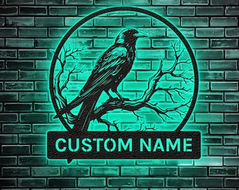 Custom Crow Metal Sign with LED Light: Personalized Raven Wall Art