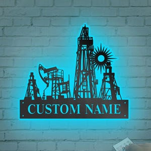 Personalized Oil Field Hanger Metal Wall Art LED Lights, Custom Oil Rig Derrickhand Name Sign Home Decor Derrickman Decoration Husband Gifts