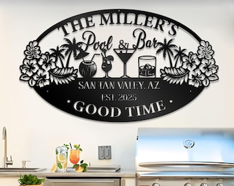 Pool Signs For Outdoor Personalized, Custom Bar Sign, Pool Bar Sign, Tiki Bar Sign, Palm Tree Sign, Pool Decor, Patio Decor,Fathers day Gift