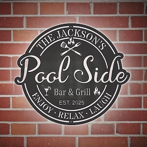 Personalized Poolside Bar & Grill Metal Sign: LED Light Decor