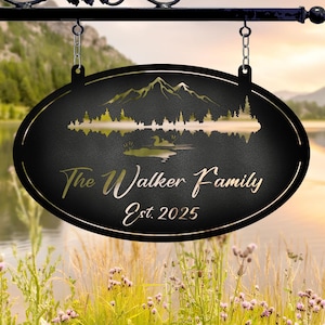 Gepersonaliseerde metalen familiebord Mountain & Lake - Muurkunst Lake House