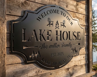 Personalized Lake House Sign: Custom Metal Paddle Decor, Last Name Sign