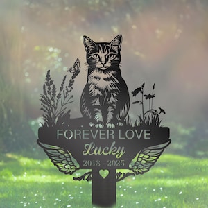 Custom Cat Memorial Stake, Metal Stake, Cat Loss, Sympathy Sign, Pet Grave Markers, Remembrance Stake, Flower Cat, Outdoor Cat Garden Decor