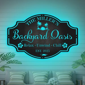 Personalized Backyard Pool Metal Sign LED Light, Outdoor Wall Art Decor, Pool Signs for Outdoor, Oasis Sign, Backyard Decor, Patio Decor