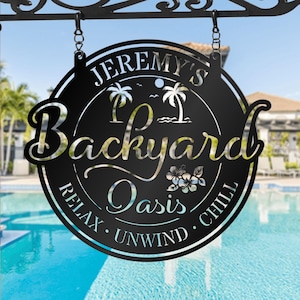 Personalisierte Backyard Pool Metallschild, Wanddekor im Freien, Pool Schilder für Outdoor personalisiert, benutzerdefinierte Hinterhof Oasis Zeichen Poolside Decor, Geschenk
