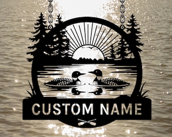 Custom Loon Lake Metal Sign, Personalized Name Lake Decor, Lake Decor Metal Hanging Sign, Cabin Lake House Decor, Outdoor Metal Sign, Gifts