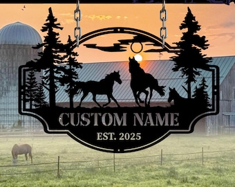 Letrero de granja de metal personalizado, letrero de rancho de caballos, letreros con apellido para el hogar, letreros de metal para exteriores, regalo para amantes de los caballos, letrero de granja de metal, regalos para papá.