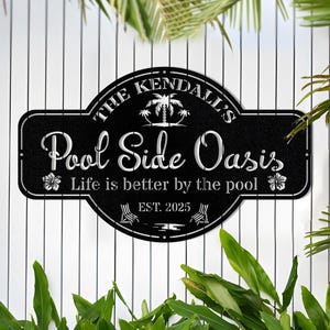 Personalized Hibiscus Pool Sign Metal Wall Art,Outdoor Patio Decor,Poolside Oasis Signs for Outdoor Personalized,Backyard Oasis Retreat Pool