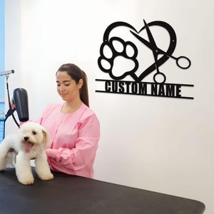 Personalized Dog Grooming Hair Salon Metal Wall Art, Pet Salon, Custom Groomer Name Sign Shop Decor Pet Grooming Decoration Christmas Gift