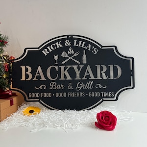 Personalized Backyard Bar & Grill Metal Sign: Outdoor Decor