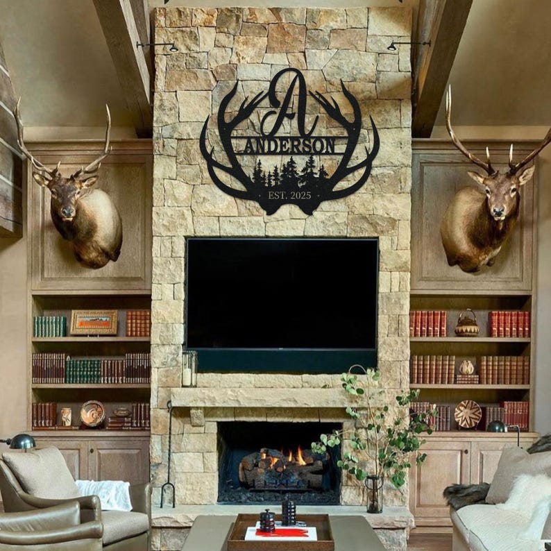 Customizable Deer Antler Family Monogram Sign, Metal Deer Artwork ...